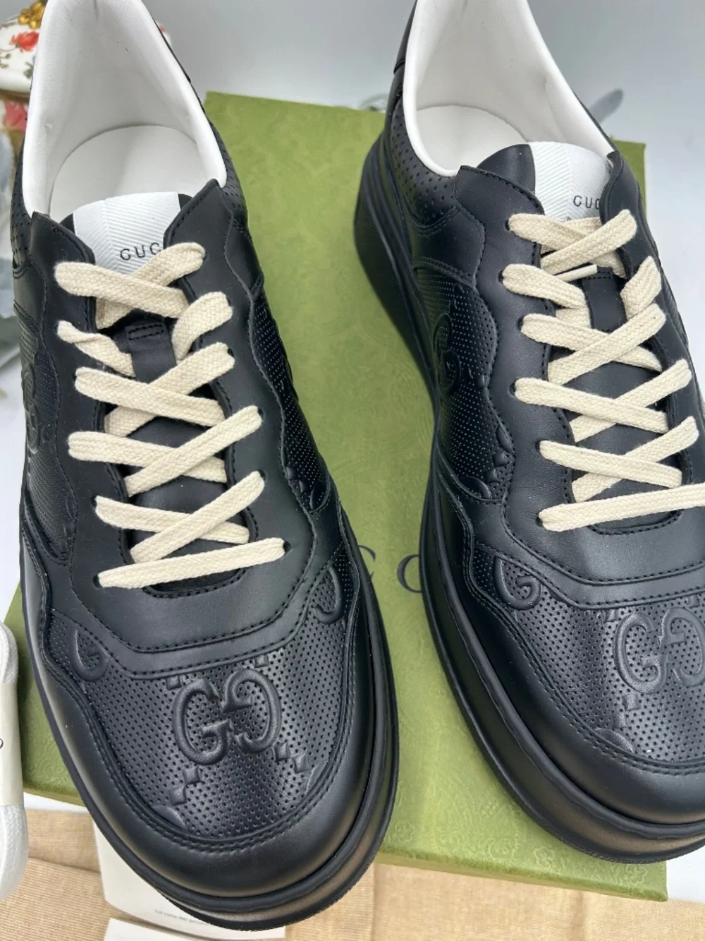 Gucci Chunky B Perforated GG Embossed Leather Sneakers. Size 11.5. (Fits 12.5)